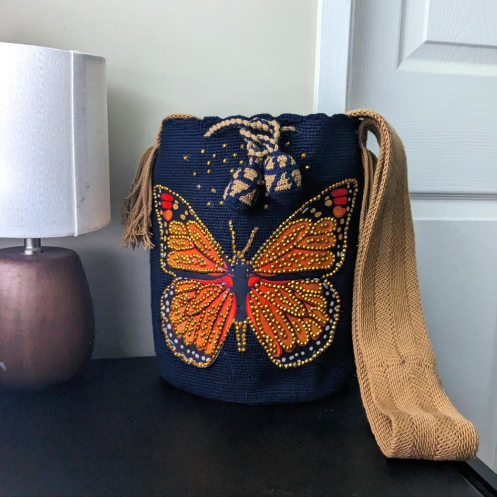 SOLD!  Wayuu Bag Golden Butterfly/ Dark Blue/ Camel/ Handmade Bag/ - Picture 6 of 10